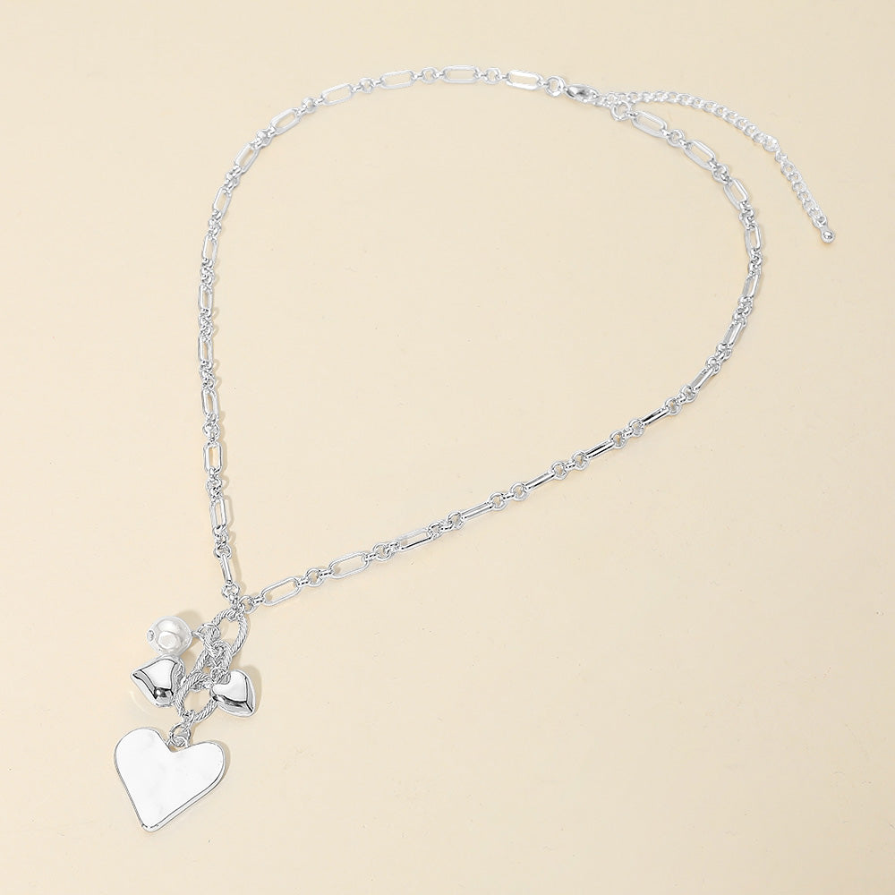 Heart Pearl Embellished Drop Charm Chain Necklace