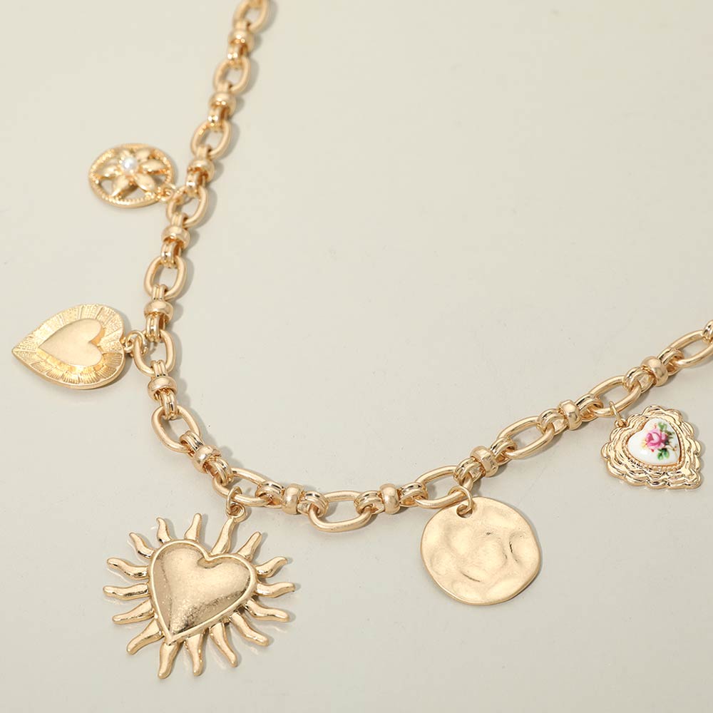 Vintage Inspired Heart Flower Charm Station Necklace