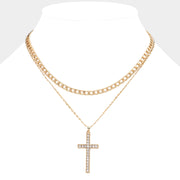 Gold Dipped Stone Paved Cross Pendant Cuban Chain Layered Necklace