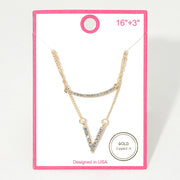 Gold Dipped Rhinestone Pave V Bar Pendant Layered Necklace