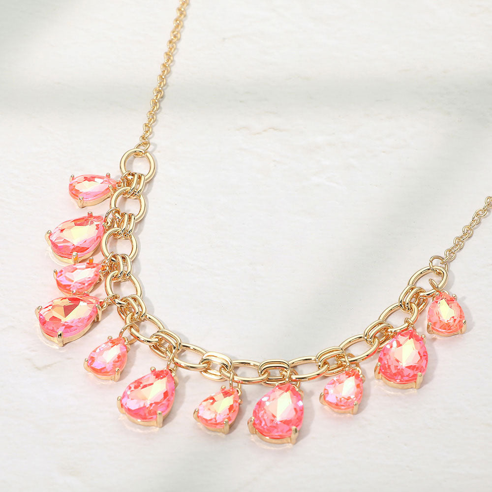Cushion Teardrop Cluster Drop Station Necklace