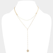 Metal Disc Pendant Pearl Double Layered Y Necklace