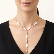 Hammered Pearl Metal Link Y Shape Necklace