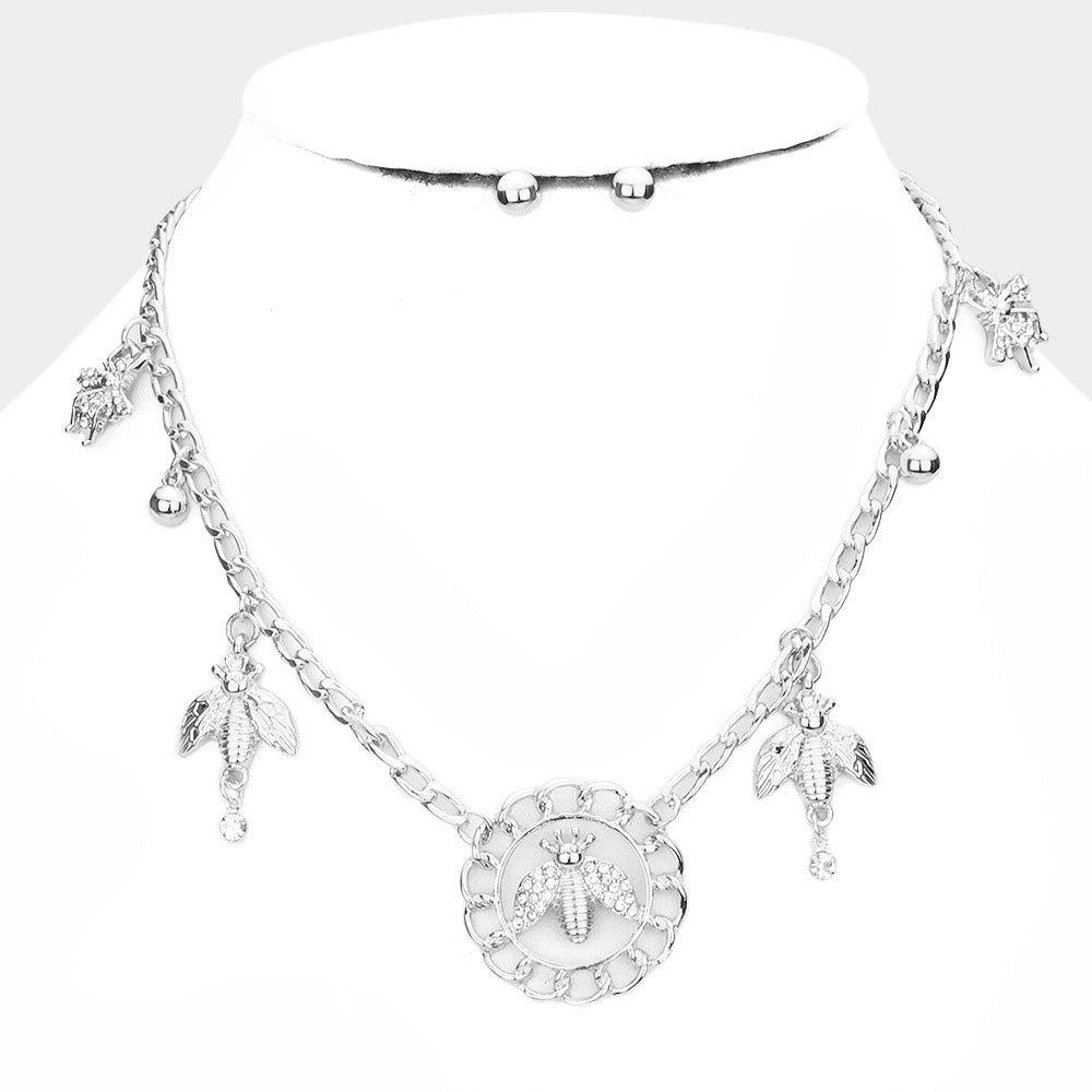 Stone Embellished Honey Bee Pendant Station Necklace