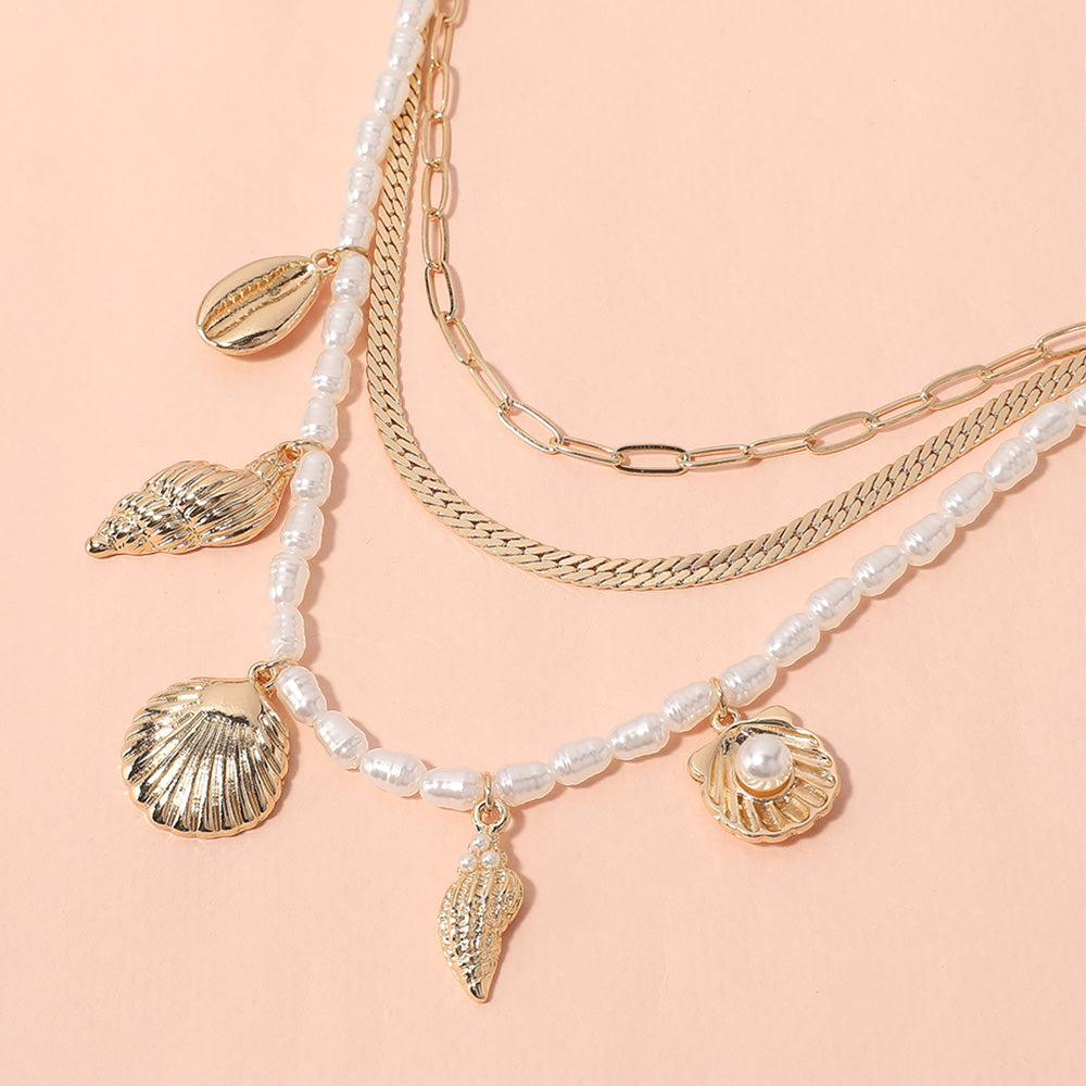 Metal Seashell Puka Shell Charm Station Pearl Herringbone Paperclip Chain Layered Necklace