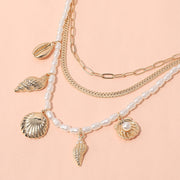 Metal Seashell Puka Shell Charm Station Pearl Herringbone Paperclip Chain Layered Necklace