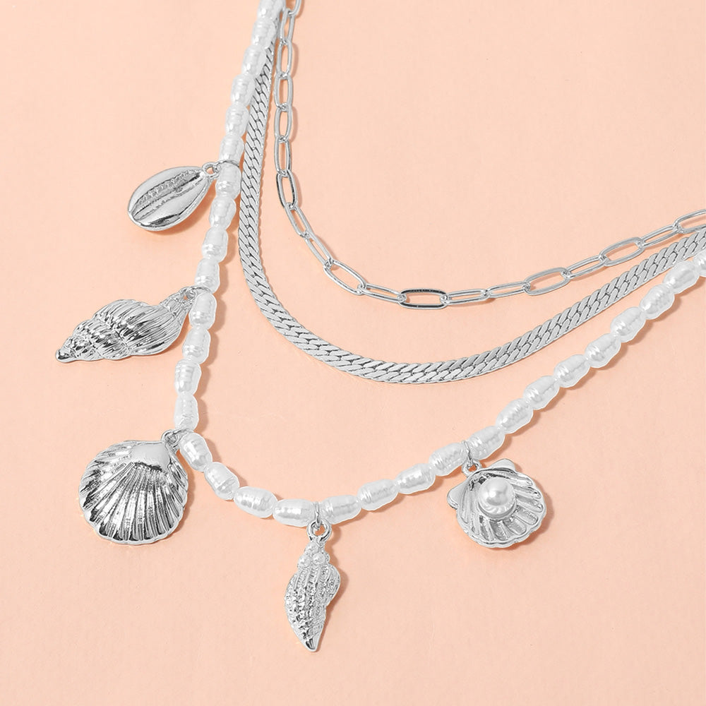 Metal Seashell Puka Shell Charm Station Pearl Herringbone Paperclip Chain Layered Necklace
