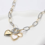Two Tone 14K Gold Plated CZ Stone Paved Ring LOVE Message Engraved Mother of Pearl Heart Pearl Charm Pendant Necklace