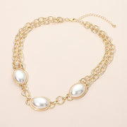 Oval Pearl Cabochon Link Layered Chain Necklace