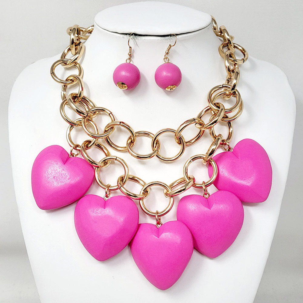 Chunky Wooden Heart Charm Station Layered Chain Necklace