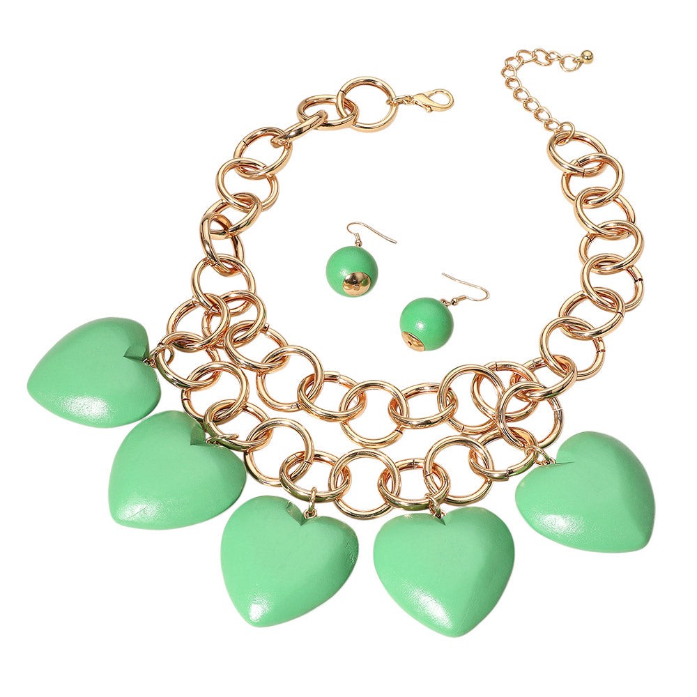 Chunky Wooden Heart Charm Station Layered Chain Necklace