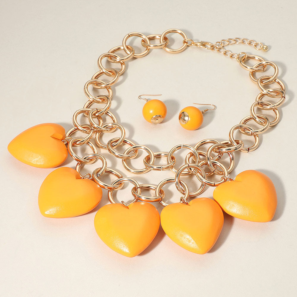Chunky Wooden Heart Charm Station Layered Chain Necklace