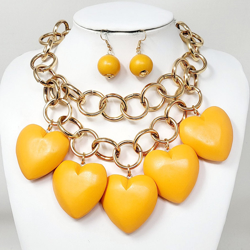 Chunky Wooden Heart Charm Station Layered Chain Necklace