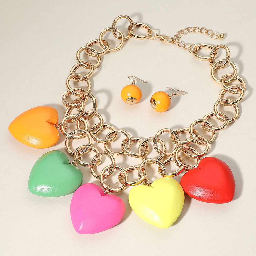 Chunky Wooden Heart Charm Station Layered Chain Necklace