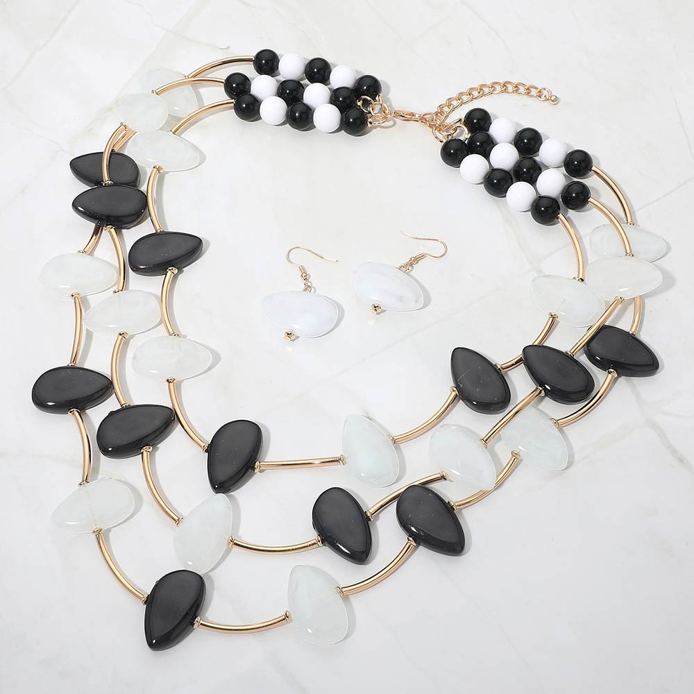 Resin Pebble Curved Bar Beaded Layered Statement Necklace