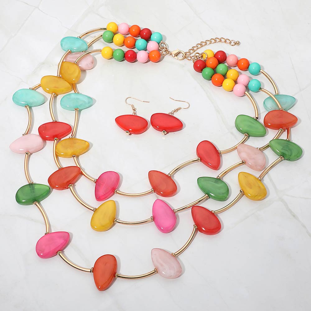 Resin Pebble Curved Bar Beaded Layered Statement Necklace