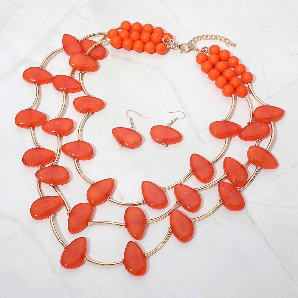 Resin Pebble Curved Bar Beaded Layered Statement Necklace