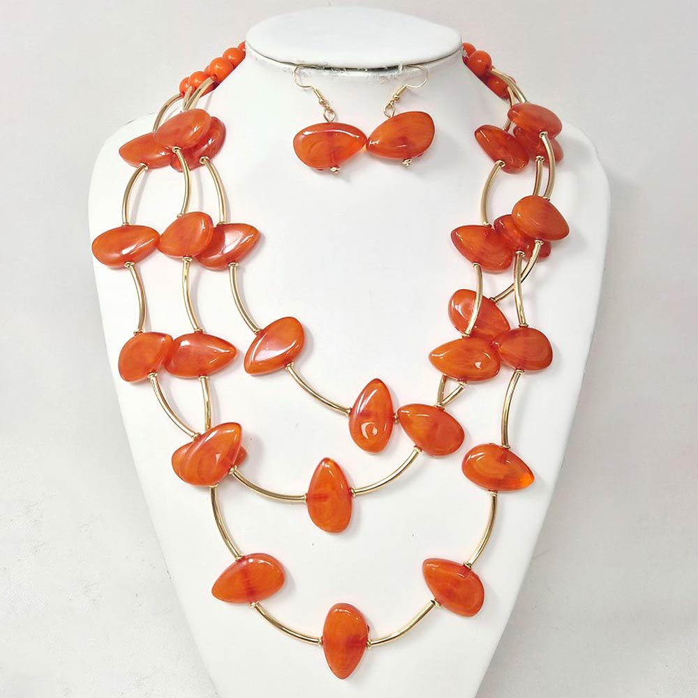 Resin Pebble Curved Bar Beaded Layered Statement Necklace