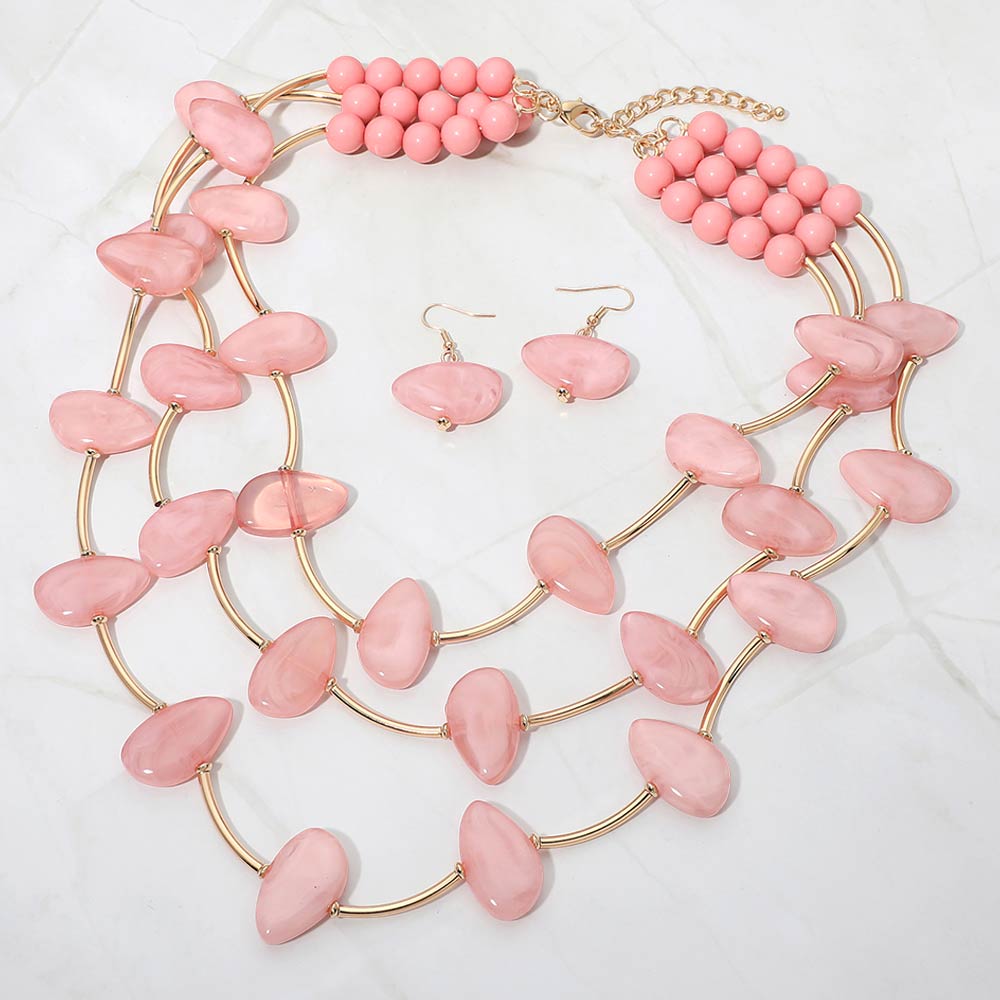 Resin Pebble Curved Bar Beaded Layered Statement Necklace