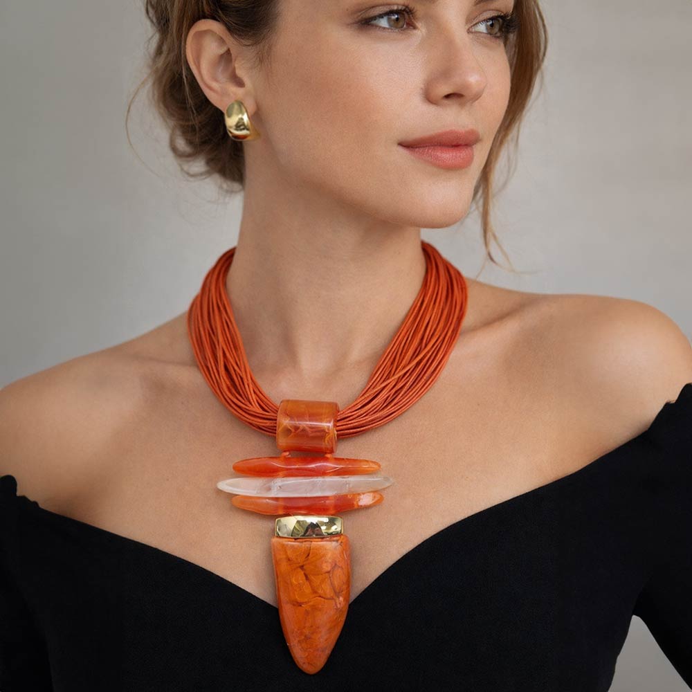 Bold Abstract Marbled Resin Pendant Accent Multi Strand Cord Statement Necklace