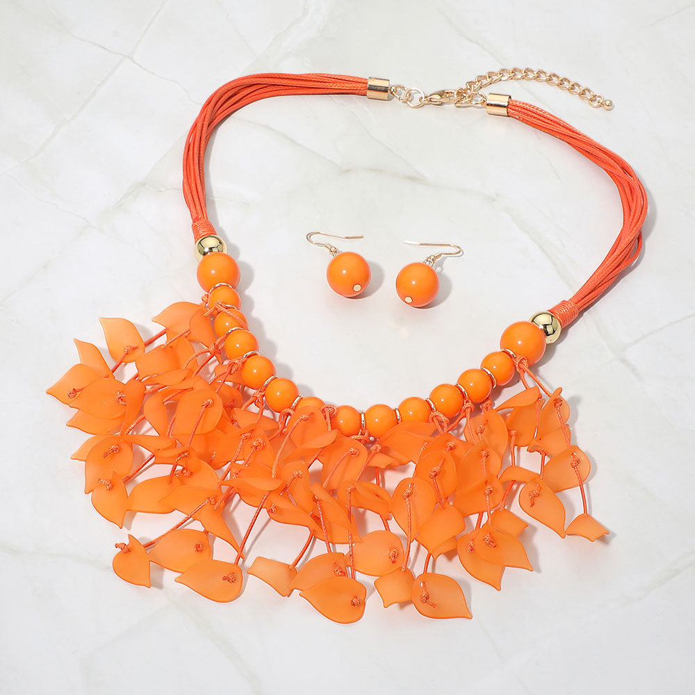 Bold Leaf Fringe Embellished Multi Cord Statement Necklace
