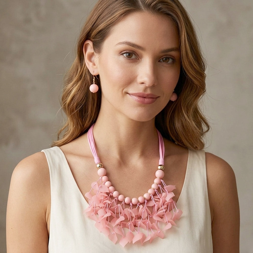 Bold Leaf Fringe Embellished Multi Cord Statement Necklace