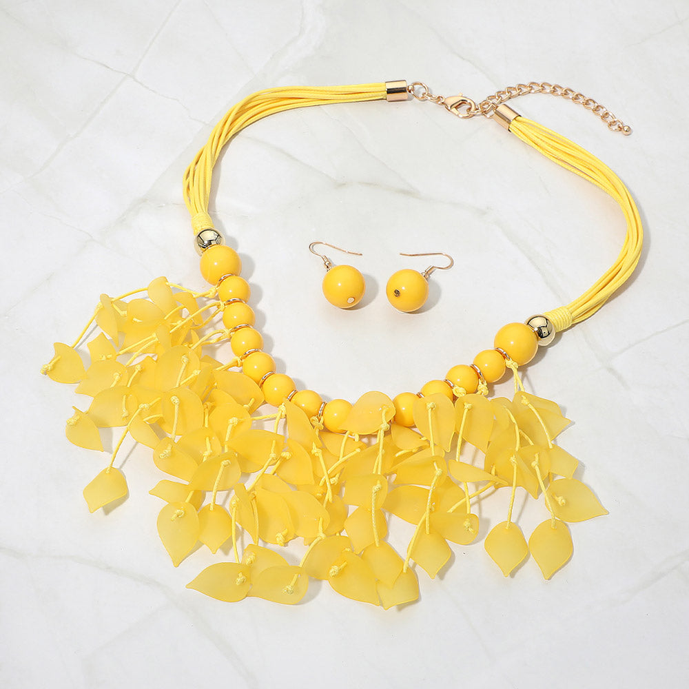 Bold Leaf Fringe Embellished Multi Cord Statement Necklace