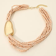 Chunky Metal Pebble Accent Multi Strand Beaded Statement Necklace