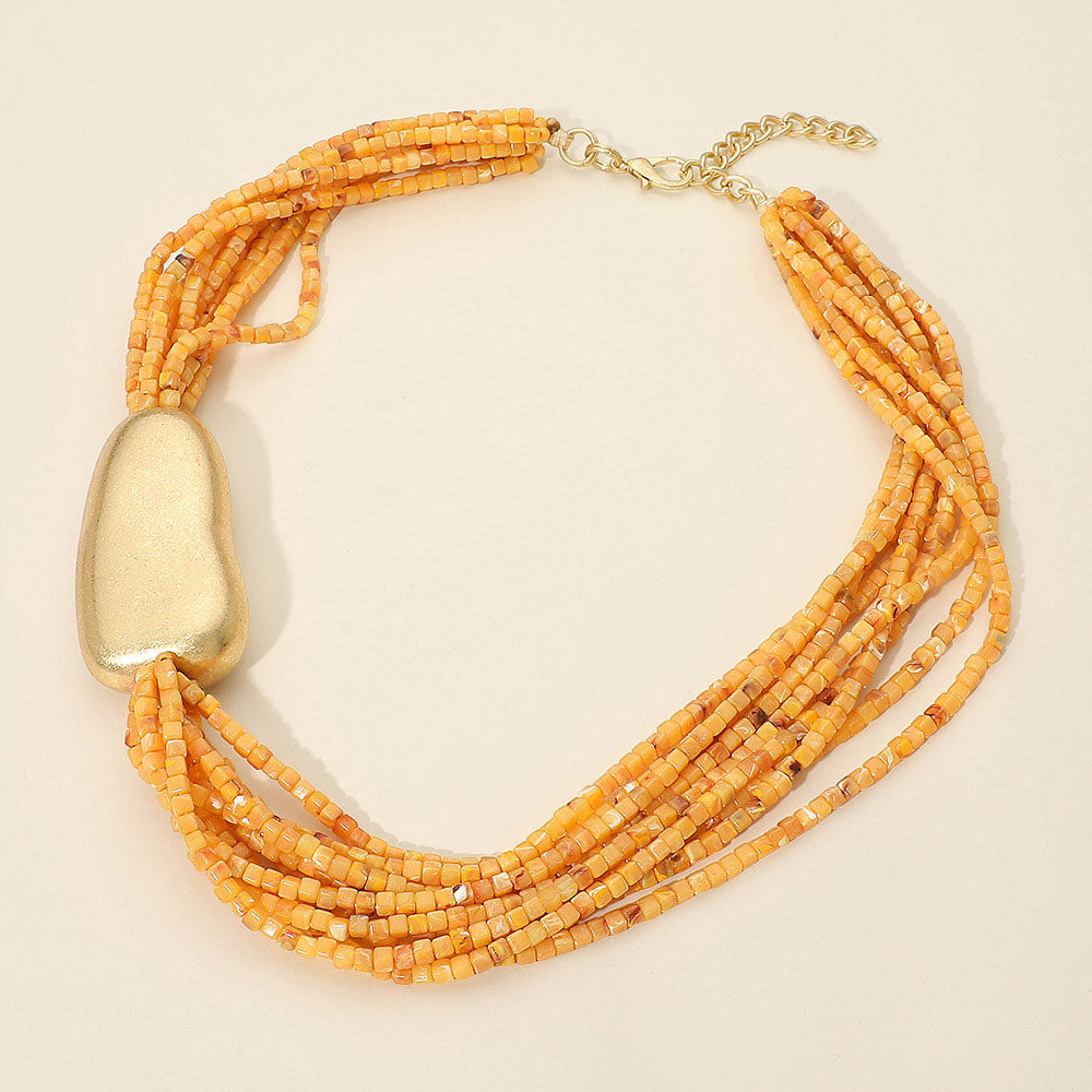 Chunky Metal Pebble Accent Multi Strand Beaded Statement Necklace