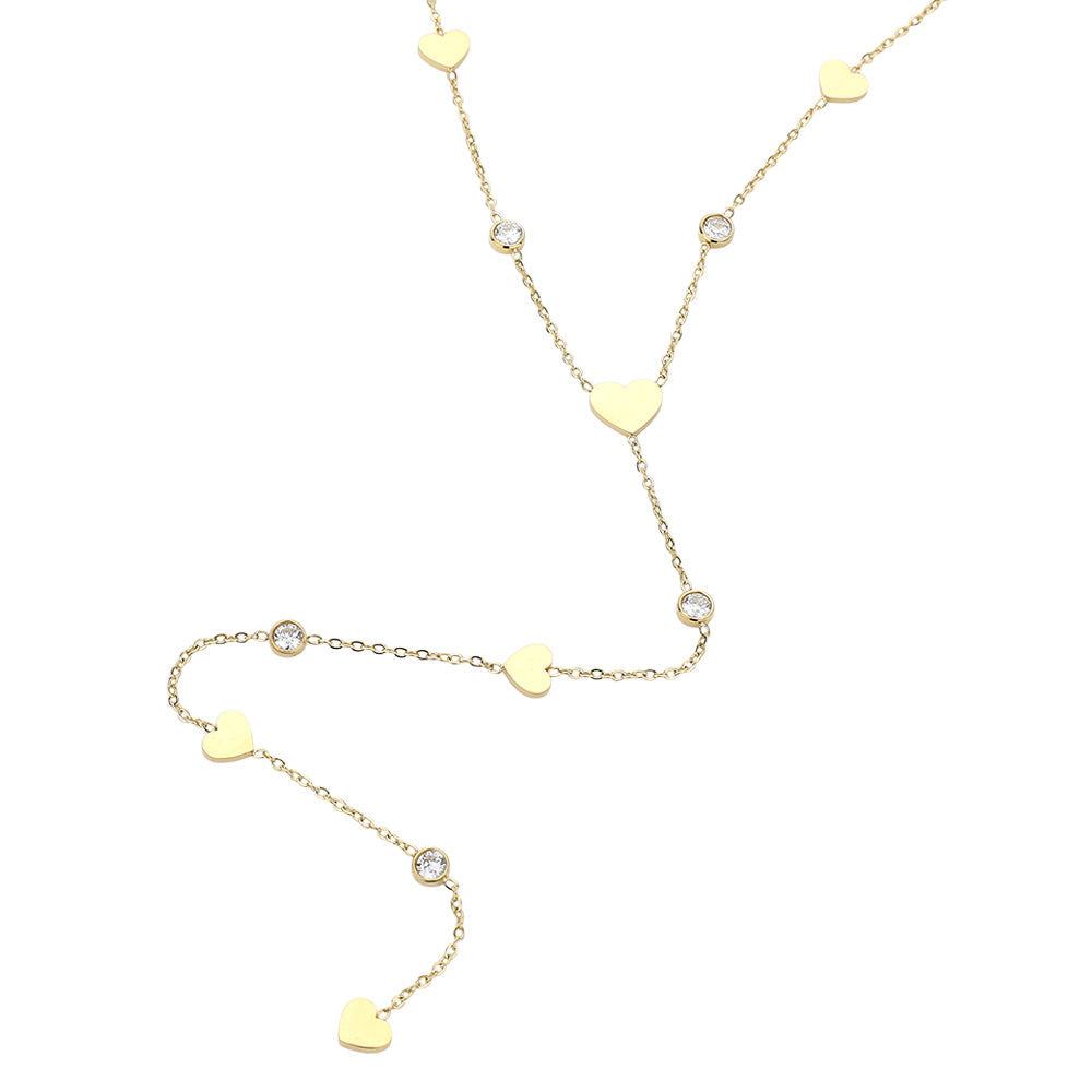 SECRET BOX_Stainless Steel Heart Charm Stone Bezel Station Y Shaped Necklace