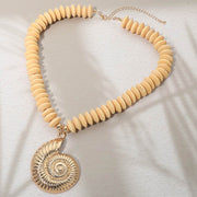 Spiral Shell Accent Wooden Beaded Statement Necklace