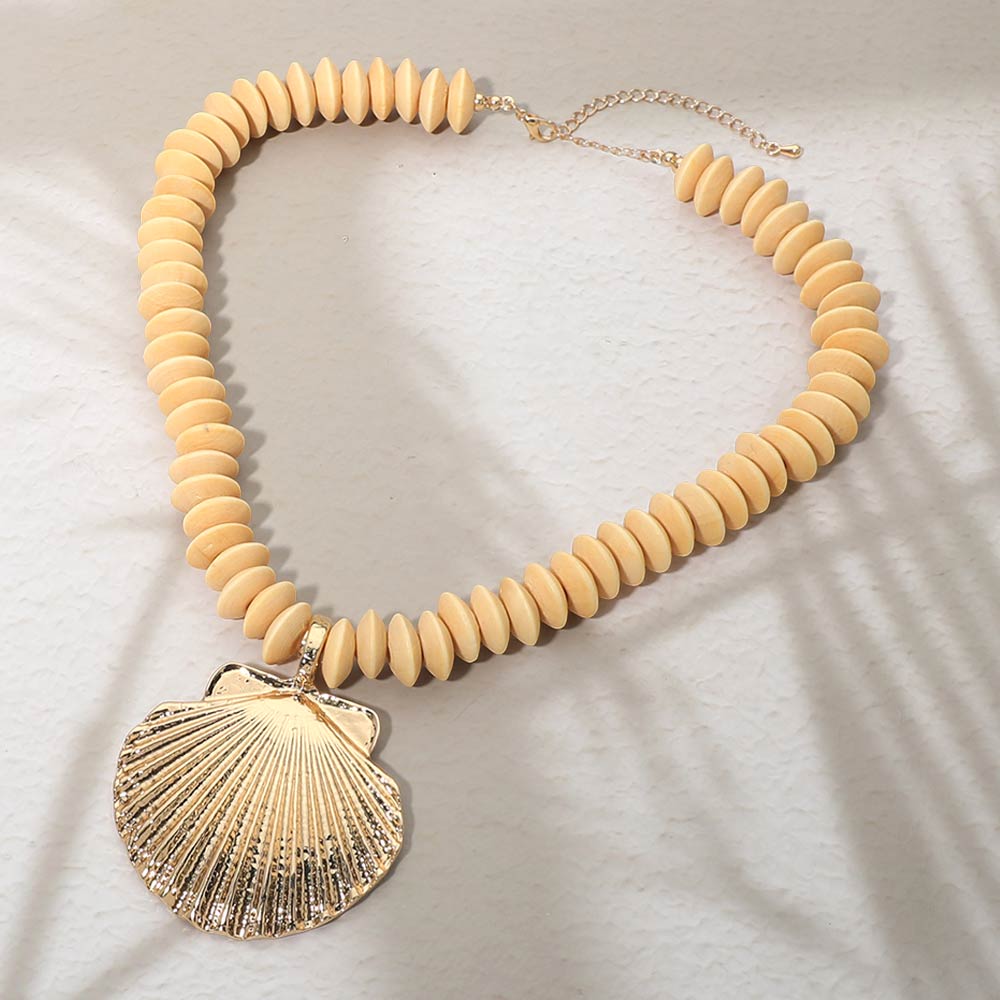 Seashell Accent Wooden Beaded Statement Necklace