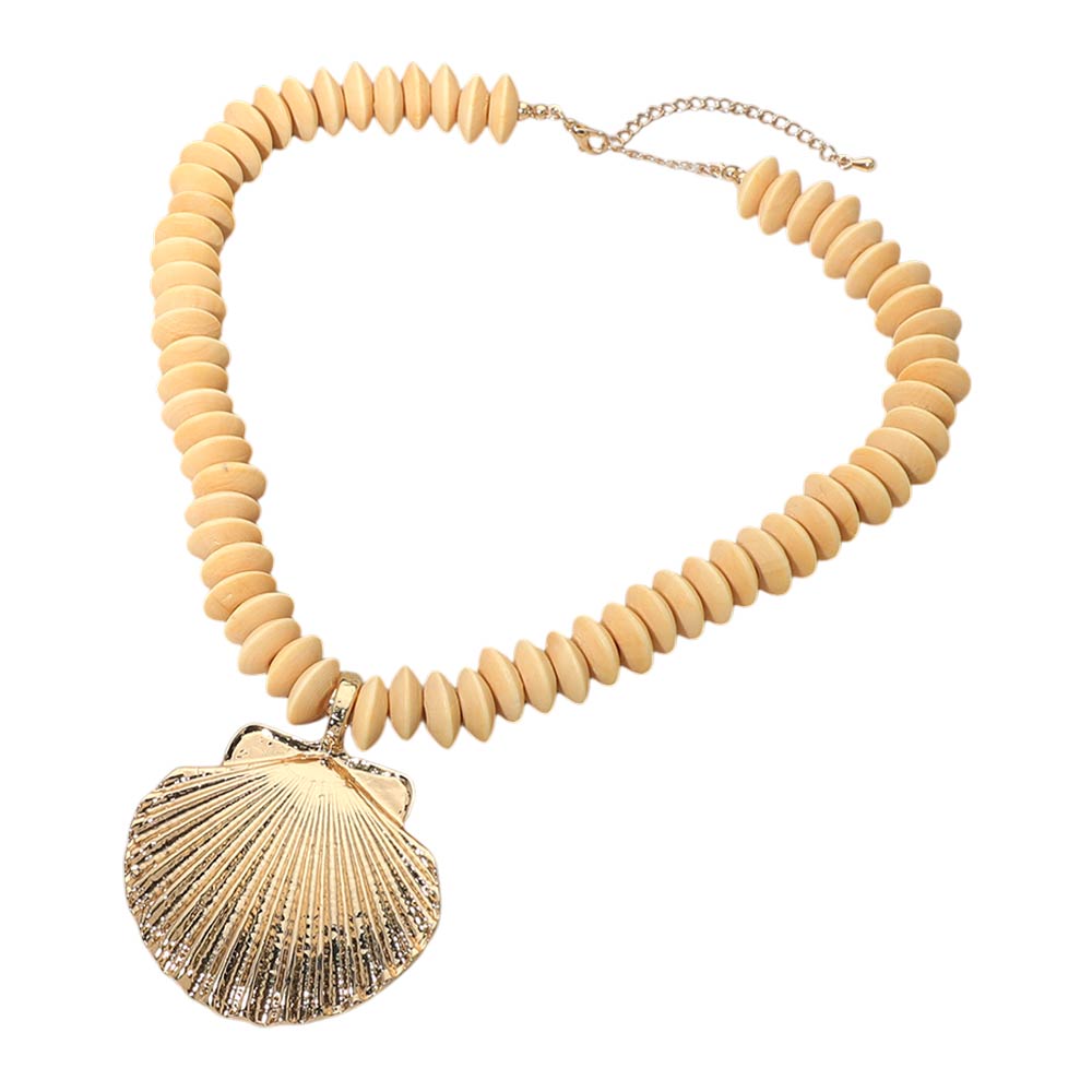 Seashell Accent Wooden Beaded Statement Necklace