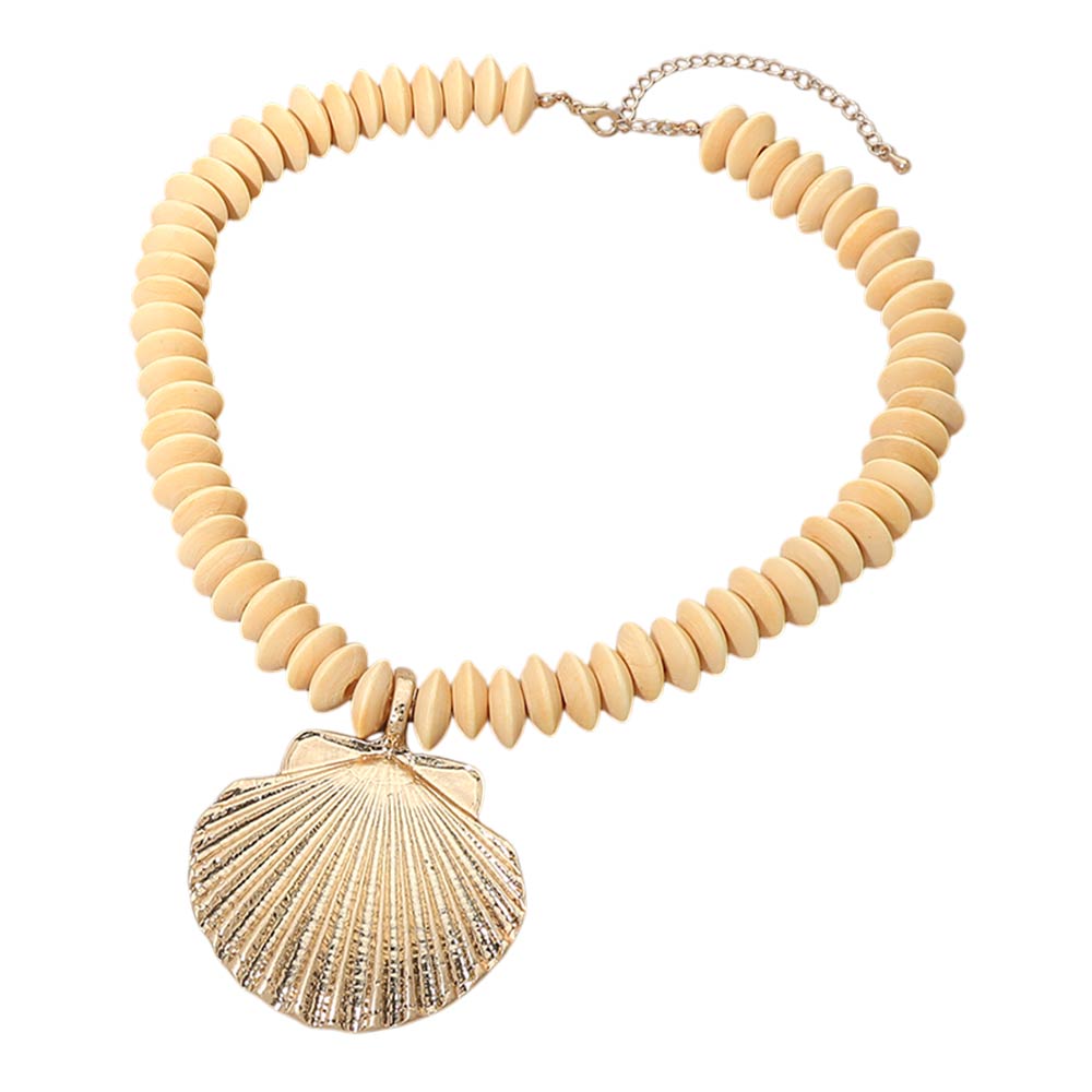 Seashell Accent Wooden Beaded Statement Necklace