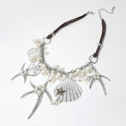 Pearl Embellished Starfish Shell Pendant Beaded Statement Necklace