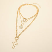 Cross Stone Center Disc Rhinestone Pave Open Oval Pendant Accent Layered Statement Necklace