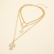 Hammered Metal Pearl Center Cross Bible Book Open Heart Pendant Accent Layered Statement Necklace