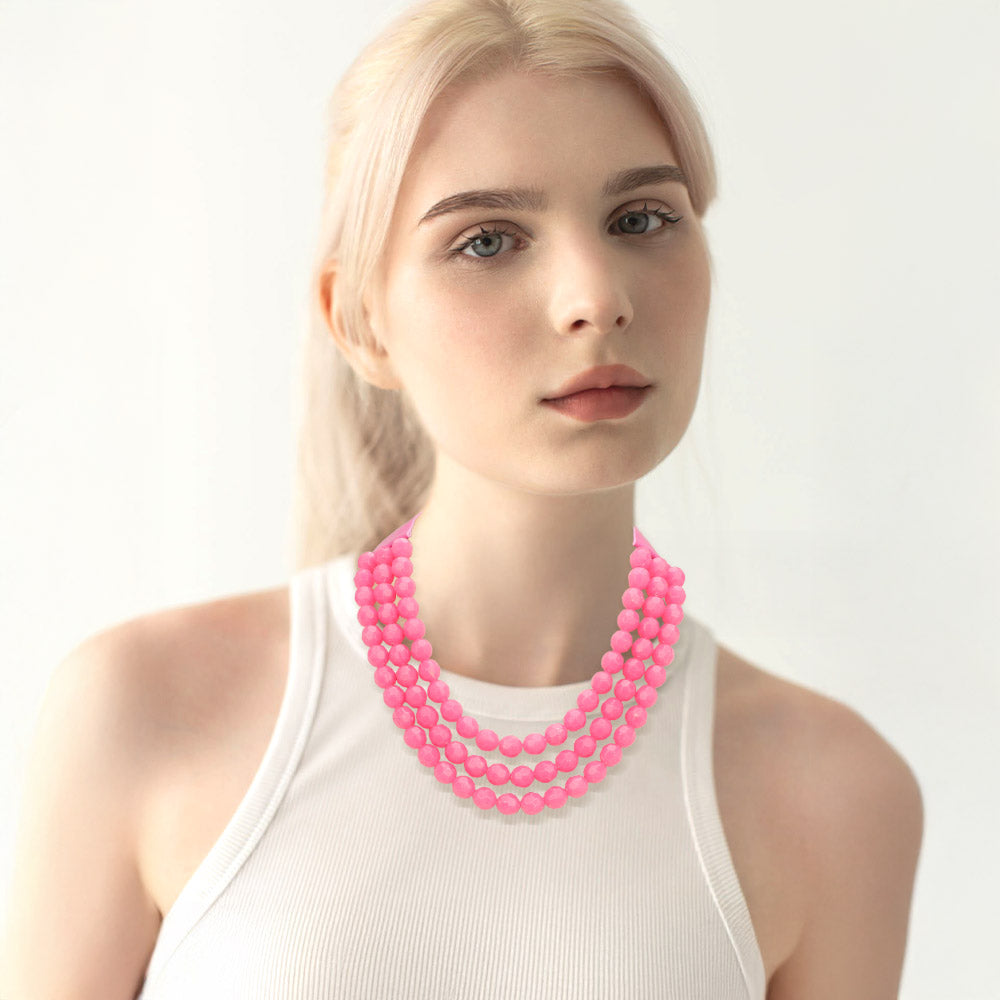 Chunky Acrylic Beaded Triple Layered Faux Leather Magnetic Necklace