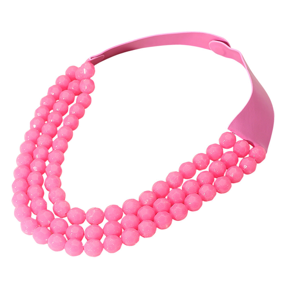 Chunky Acrylic Beaded Triple Layered Faux Leather Magnetic Necklace