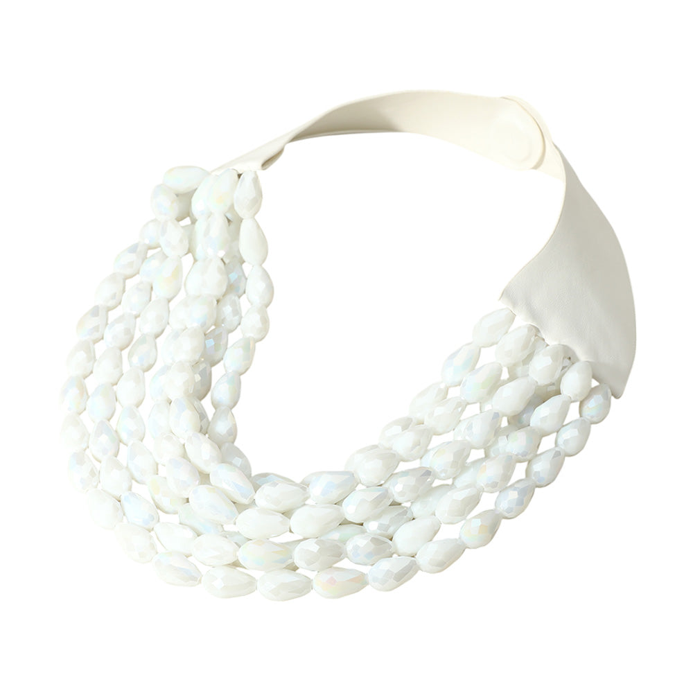 Women's Chunky Acrylic Teardrop Beaded Multi-Layer Faux Leather Statement Necklace