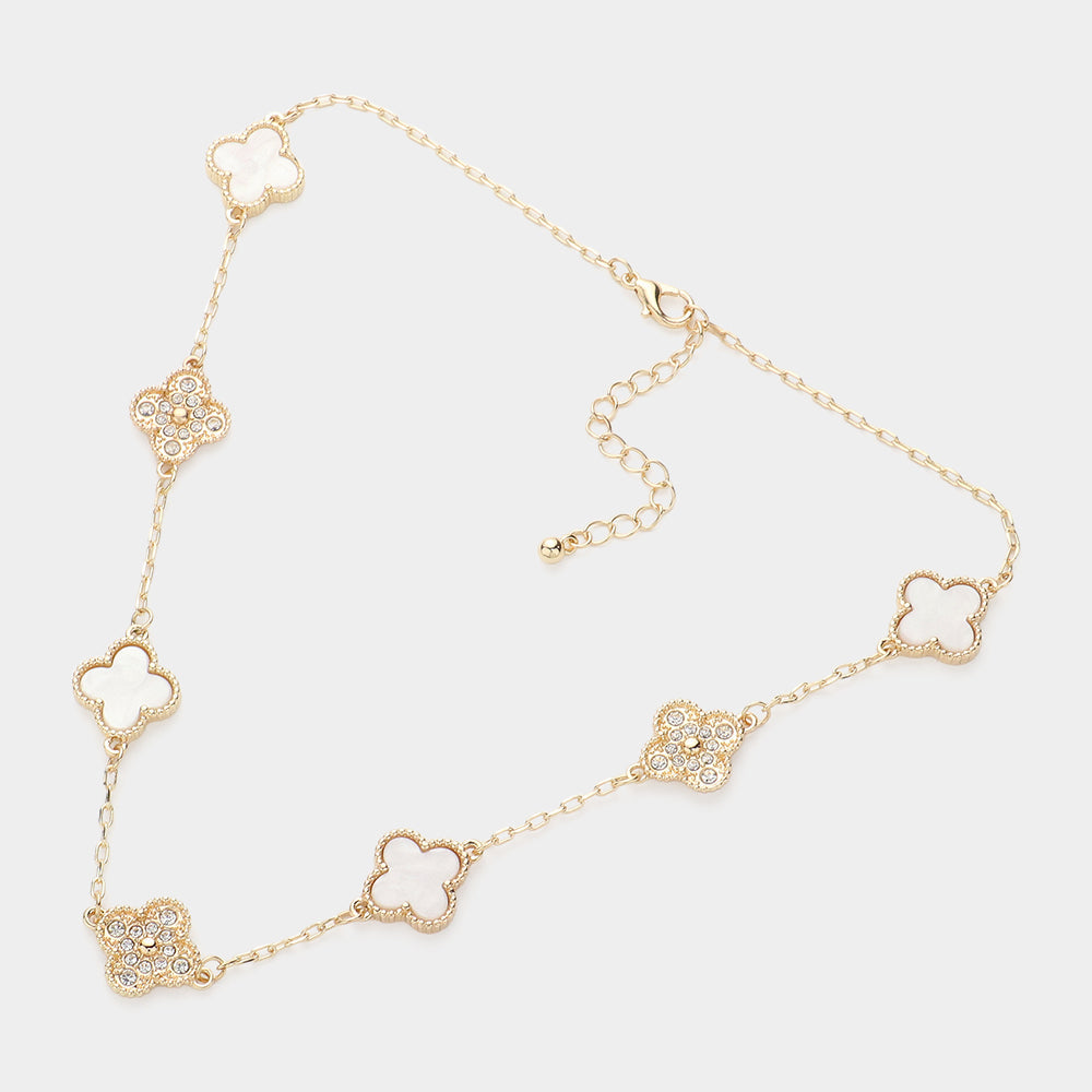 Stone Paved Mother Of Pearl Quatrefoil Station Necklace