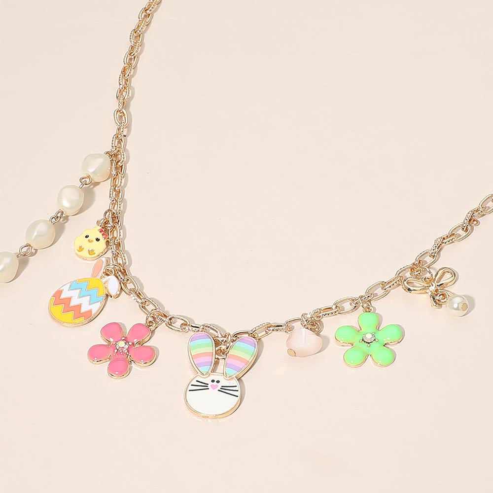 Easter Bunny Chick Flower Pearl Heart Charm Station Necklace