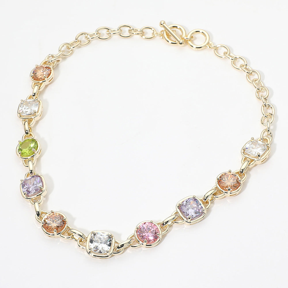 14K Gold Plated Multi CZ Stone Link Toggle Necklace