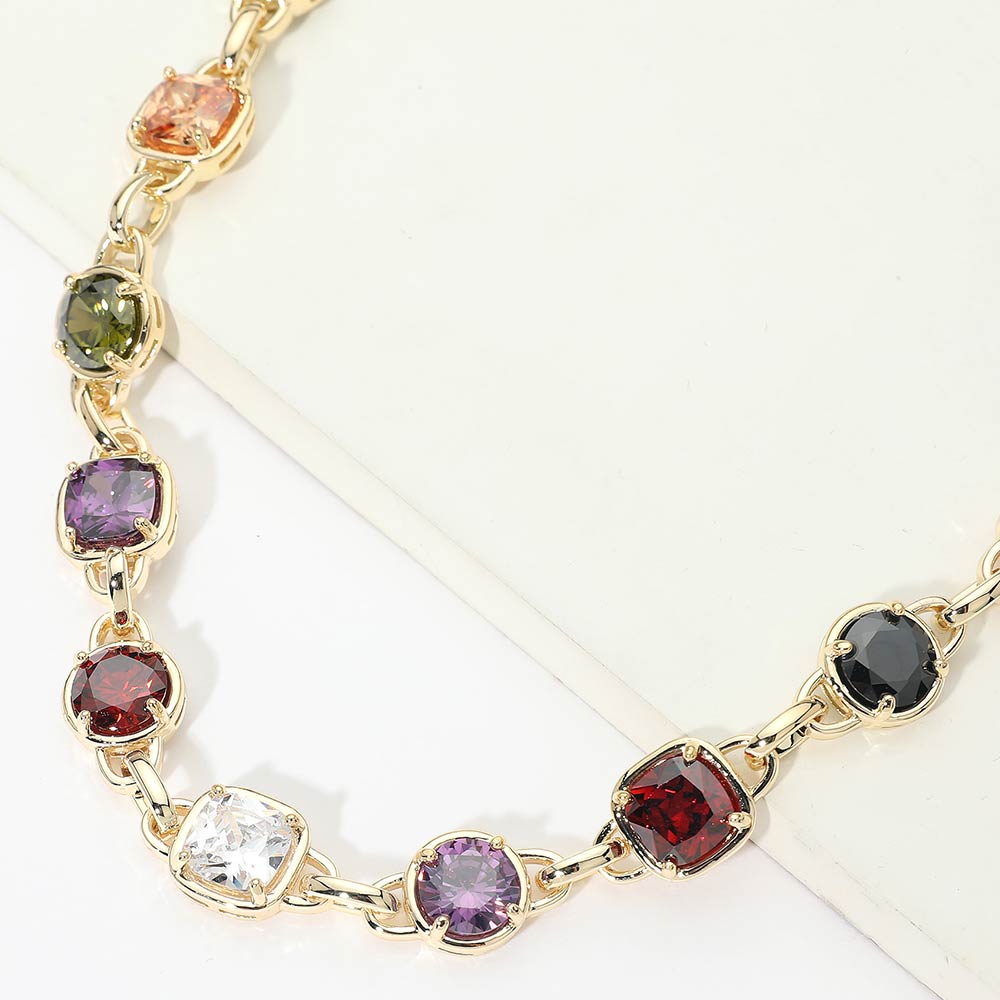 14K Gold Plated Multi CZ Stone Link Toggle Necklace