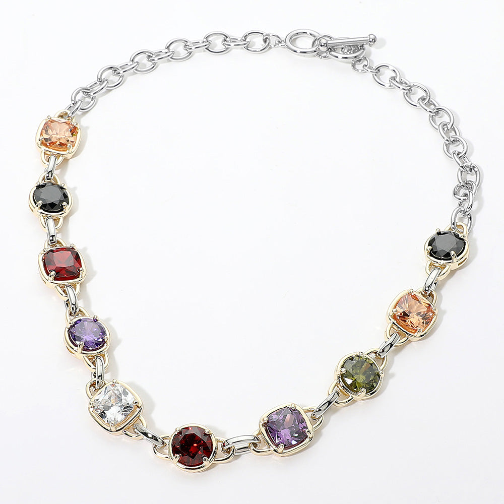 14K Gold Plated Multi CZ Stone Link Toggle Necklace