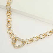 14K Gold Plated CZ Pave Heart Carabiner Accent Link Chain Necklace