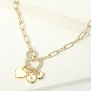 14K Gold Plated CZ Pave Heart Ring Triple Padlock Charm Pendant Paperclip Chain Necklace