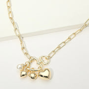 14K Gold Plated Heart Ring Pearl Charm Pendant Paperclip Chain Necklace