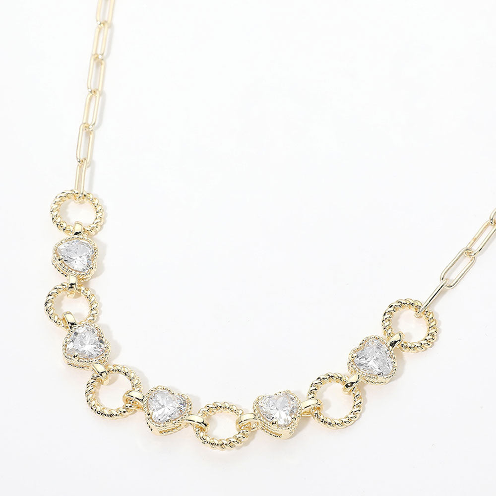 14K Gold Plated CZ Pave Heart Link Paperclip Chain Necklace