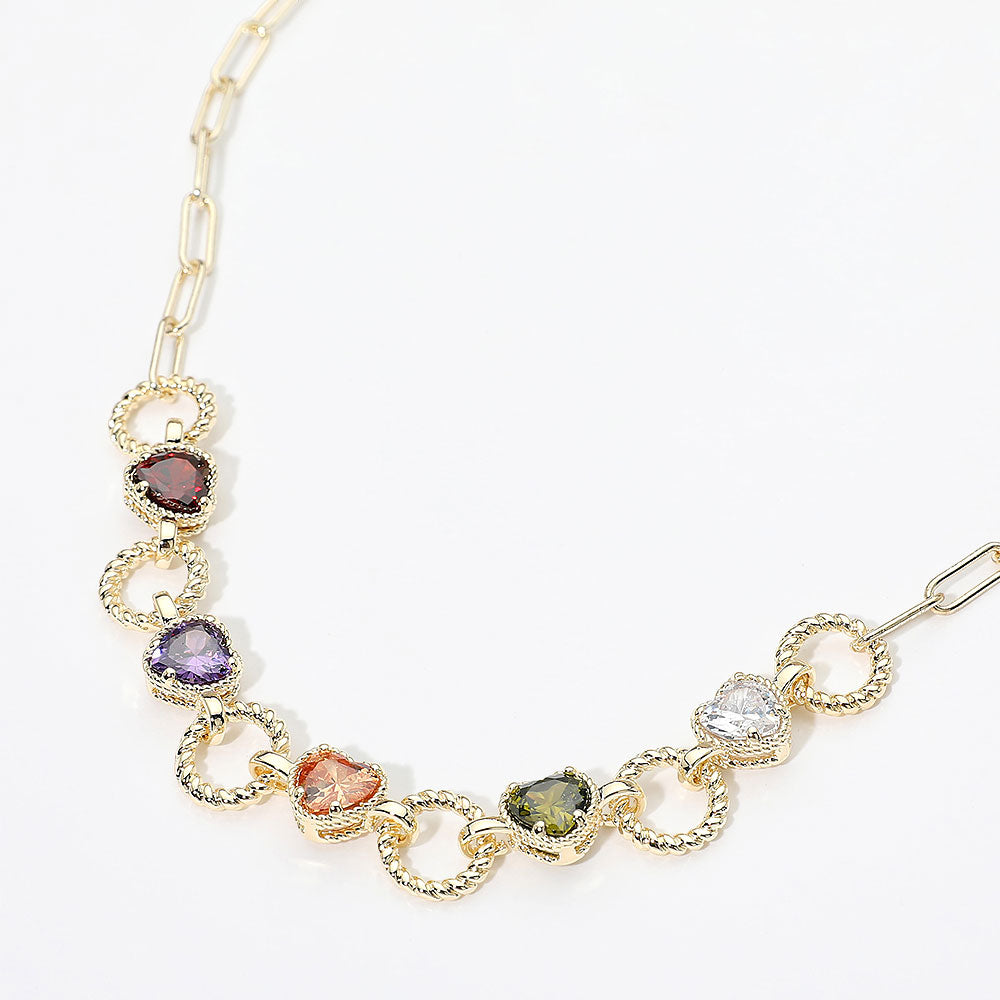 14K Gold Plated CZ Heart Link Paperclip Chain Necklace